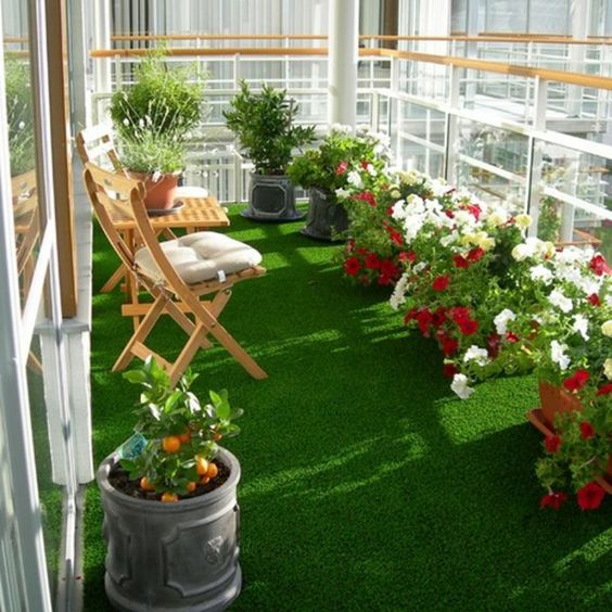 Artificial grass in the balcony. - The Golden Window Designs